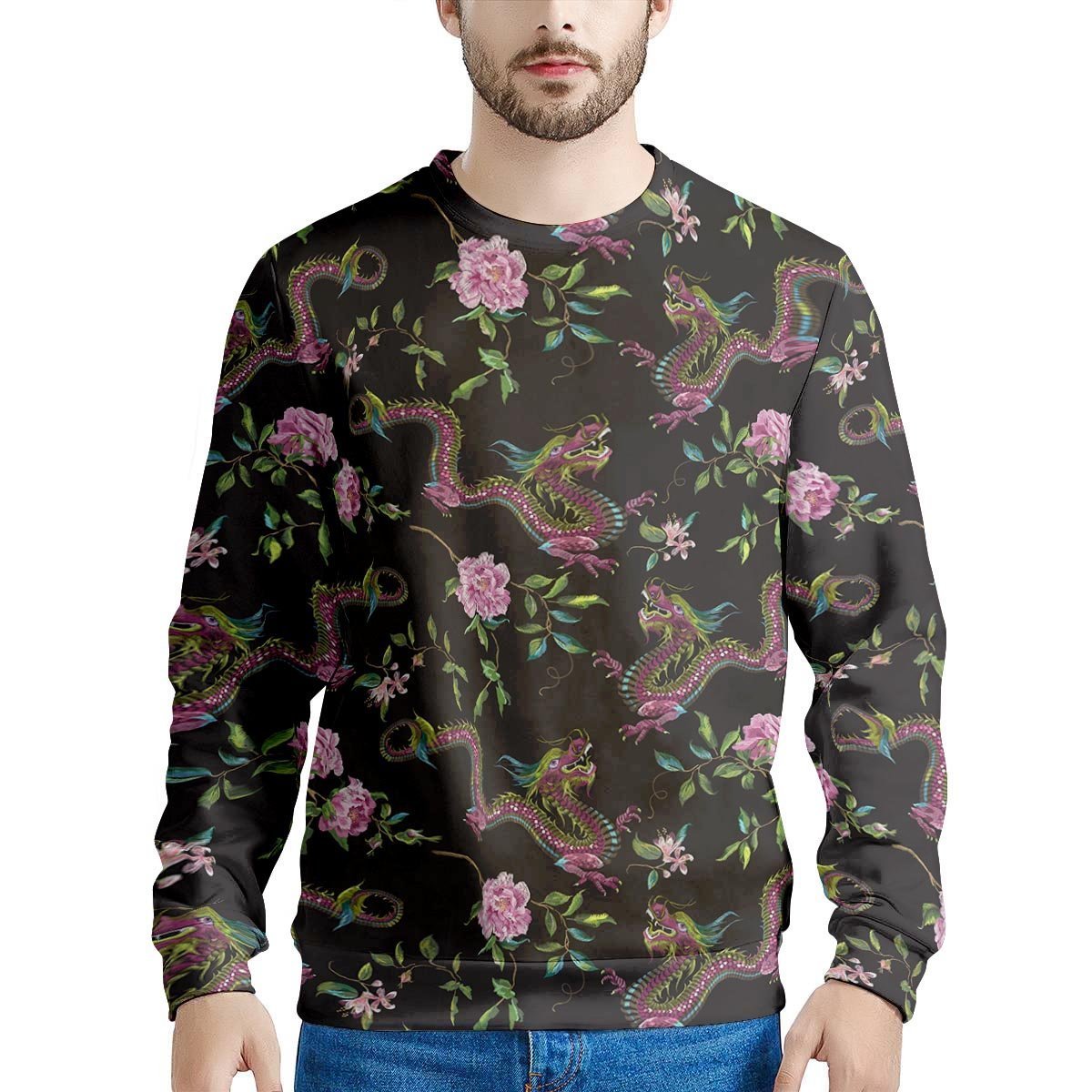 Floral Janpanese Dragon Print Men's Sweatshirt-grizzshop