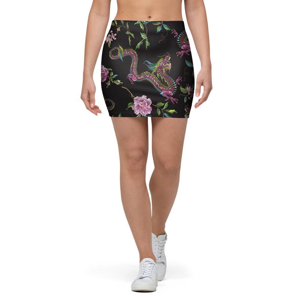 Floral Janpanese Dragon Print Mini Skirt-grizzshop