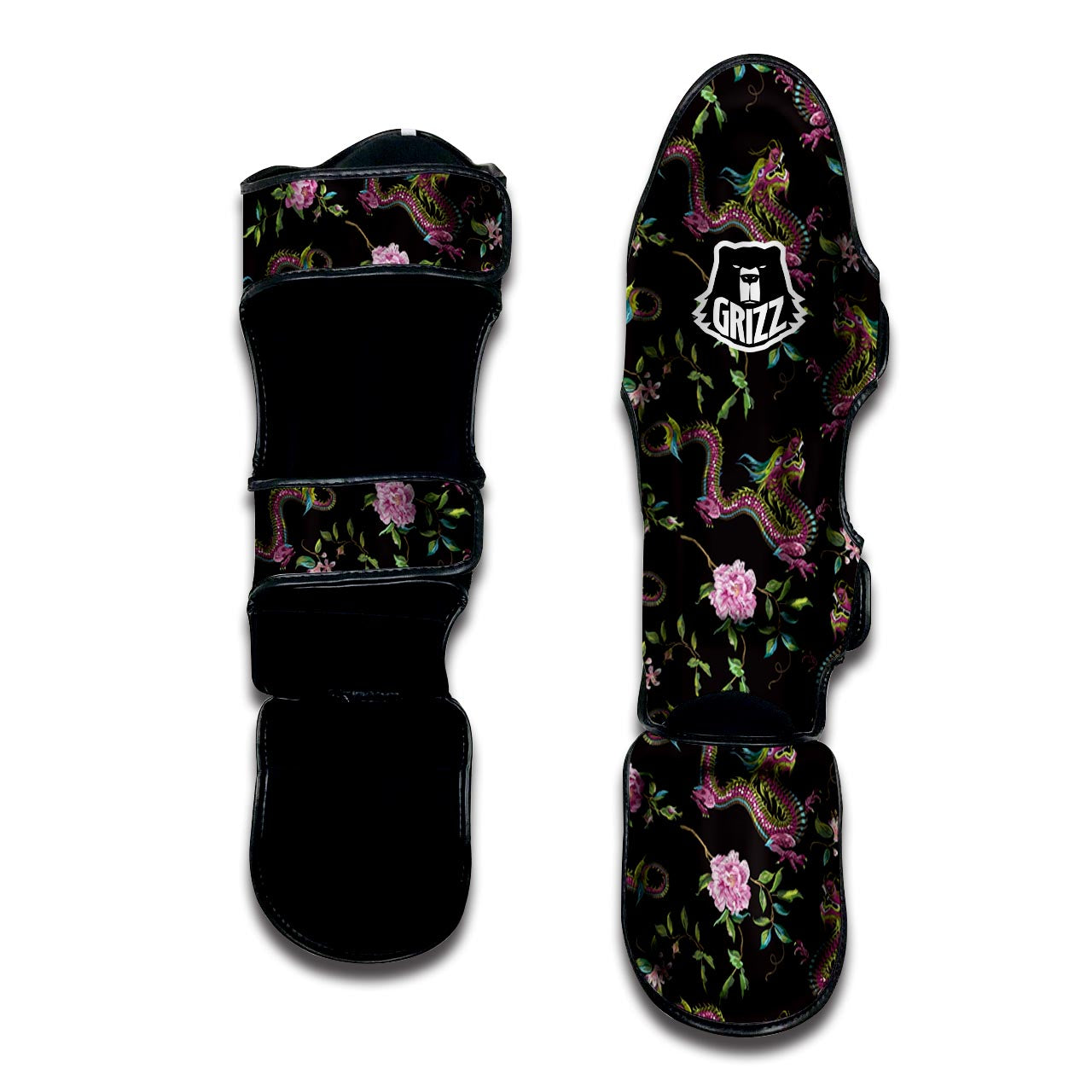 Floral Janpanese Dragon Print Muay Thai Shin Guard-grizzshop