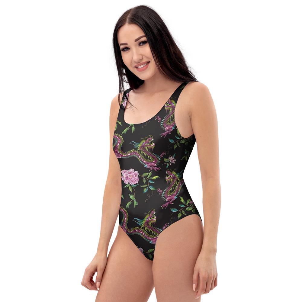 Floral Janpanese Dragon Print One Piece Swimsuite-grizzshop