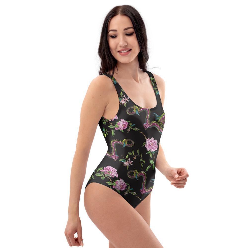 Floral Janpanese Dragon Print One Piece Swimsuite-grizzshop