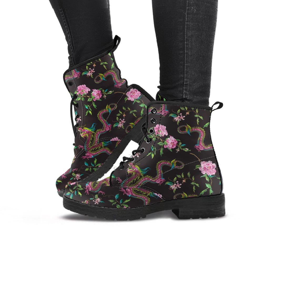 Floral Janpanese Dragon Print Women's Boots-grizzshop