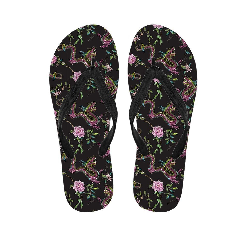 Floral Janpanese Dragon Print Women's Flip Flops-grizzshop