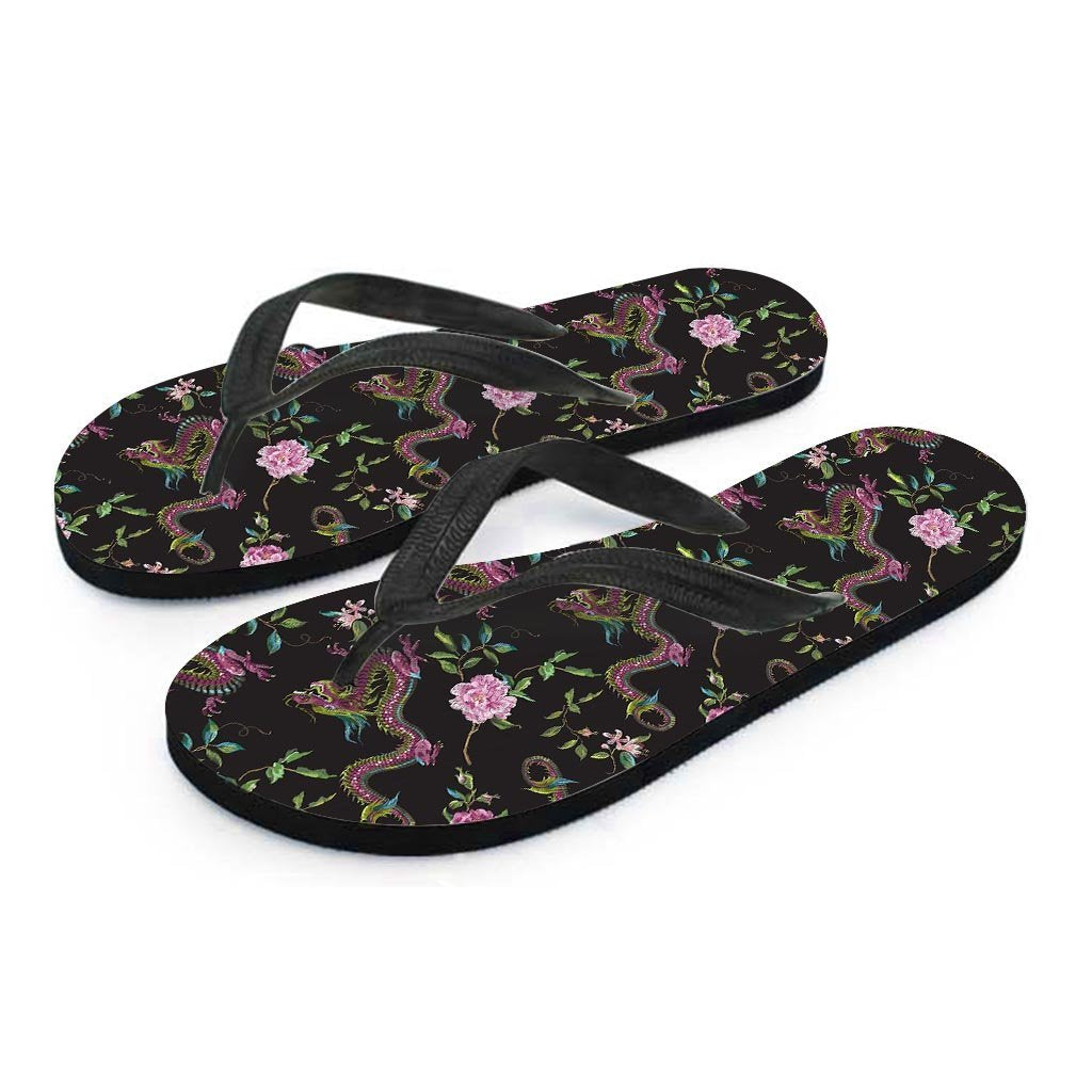 Floral Janpanese Dragon Print Women's Flip Flops-grizzshop