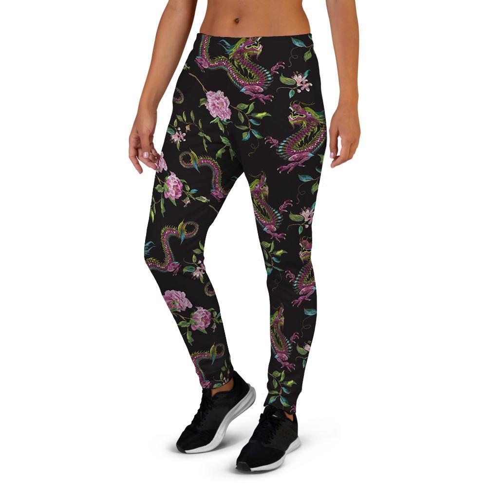 Floral Janpanese Dragon Print Women's Joggers-grizzshop