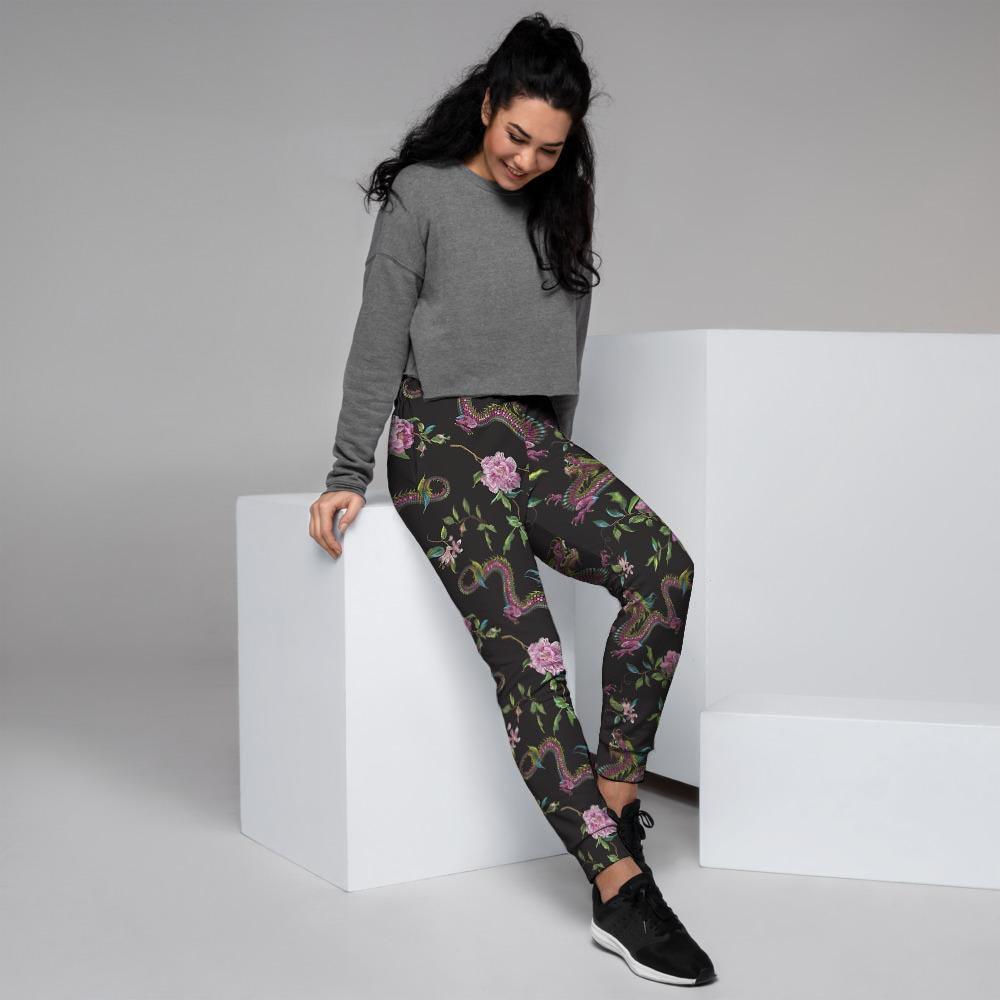 Floral Janpanese Dragon Print Women's Joggers-grizzshop