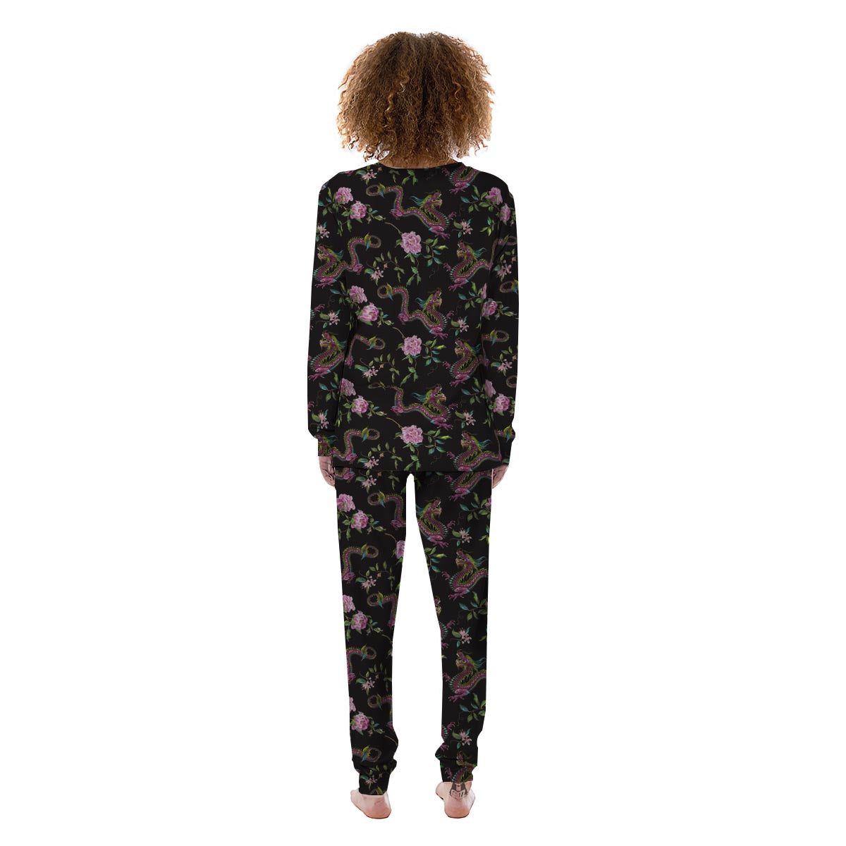 Floral Janpanese Dragon Print Women's Pajamas-grizzshop