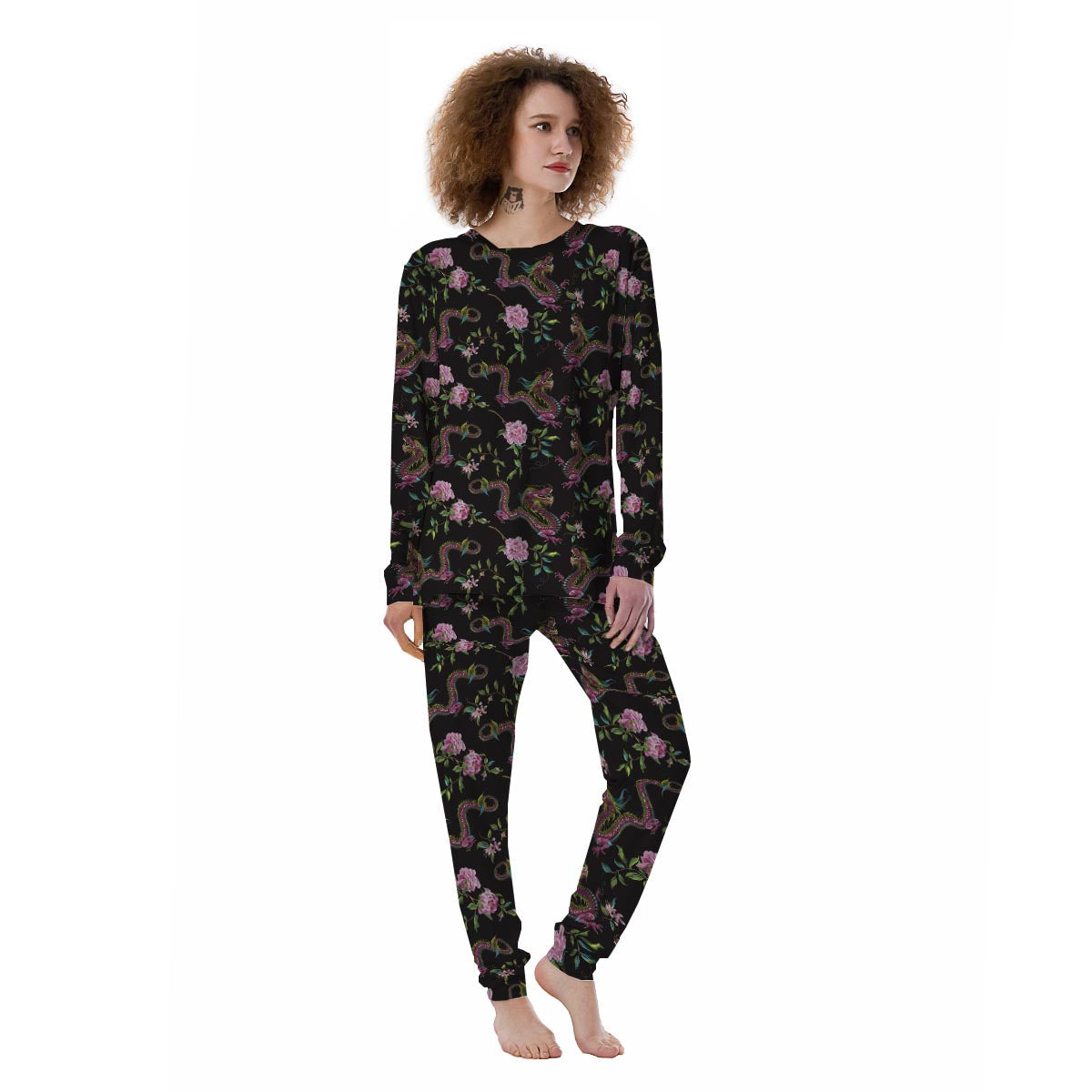 Floral Janpanese Dragon Print Women's Pajamas-grizzshop