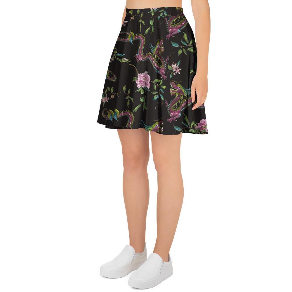 Floral Janpanese Dragon Print Women's Skirt-grizzshop