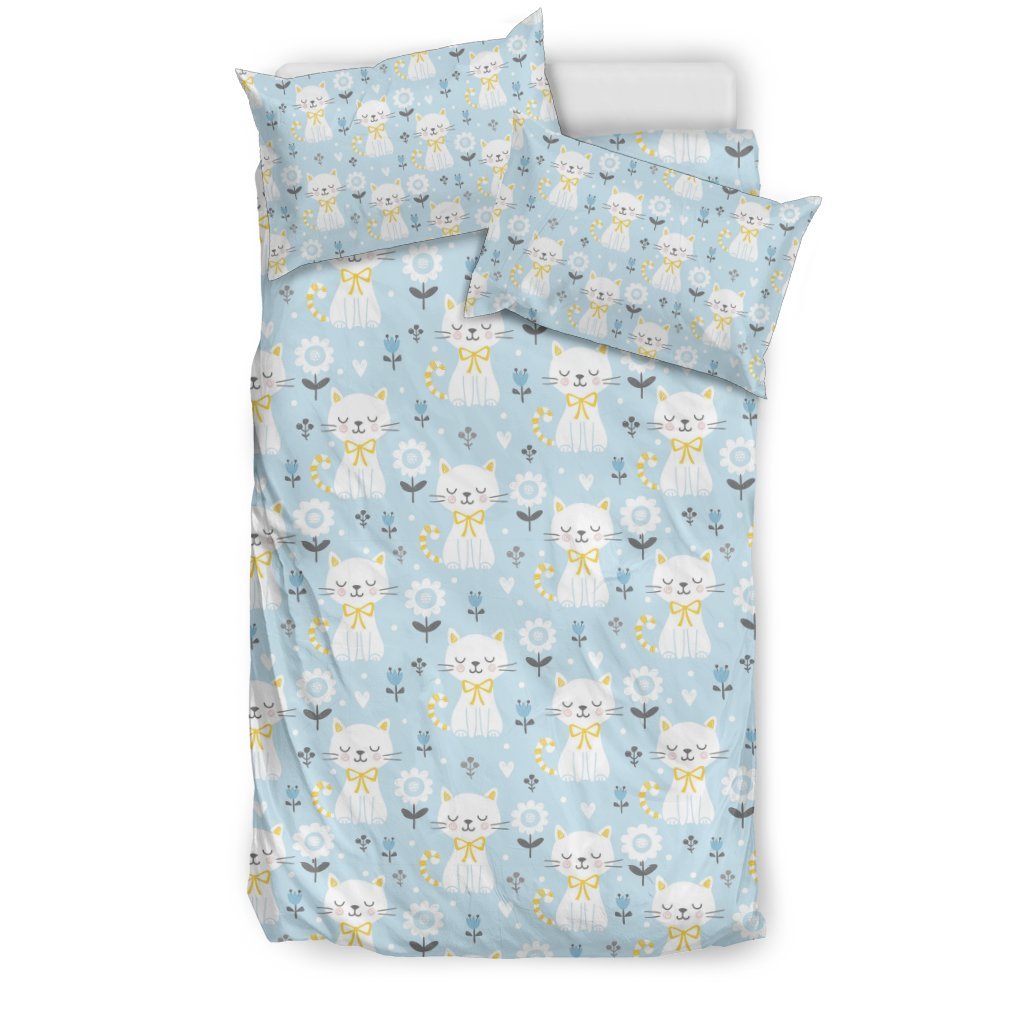 Floral Kitten Cat Pattern Print Duvet Cover Bedding Set-grizzshop