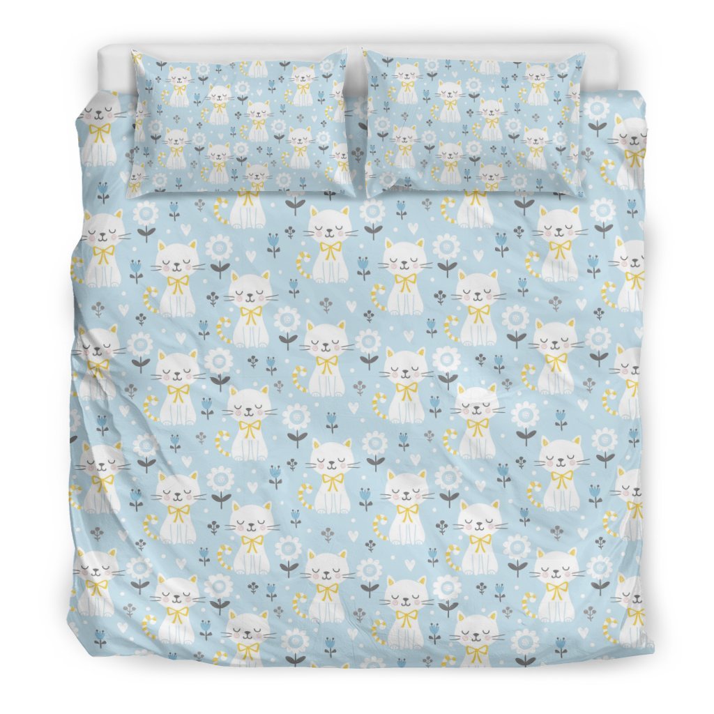 Floral Kitten Cat Pattern Print Duvet Cover Bedding Set-grizzshop