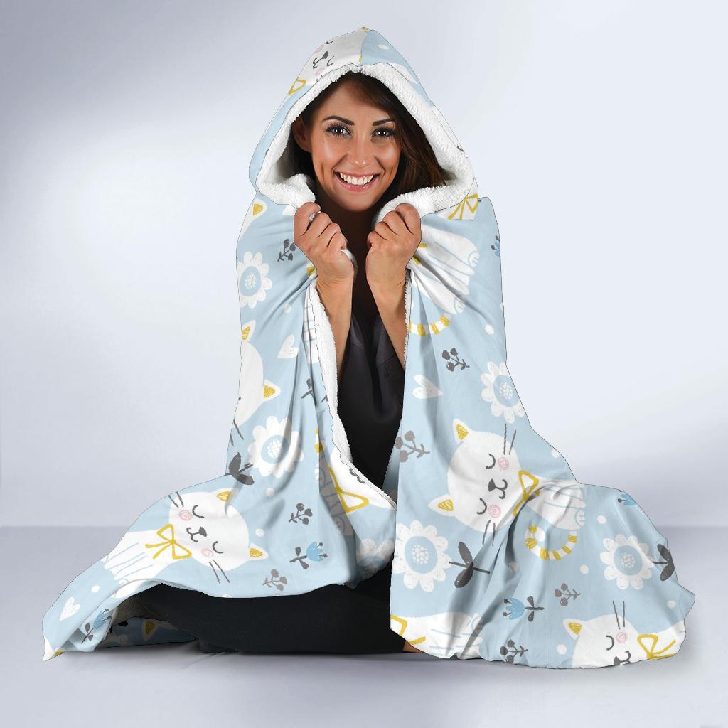 Floral Kitten Cat Pattern Print Hooded Blanket-grizzshop