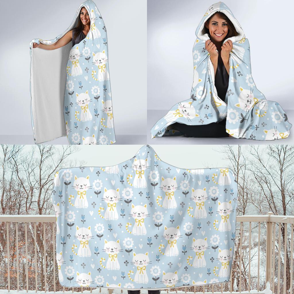 Floral Kitten Cat Pattern Print Hooded Blanket-grizzshop