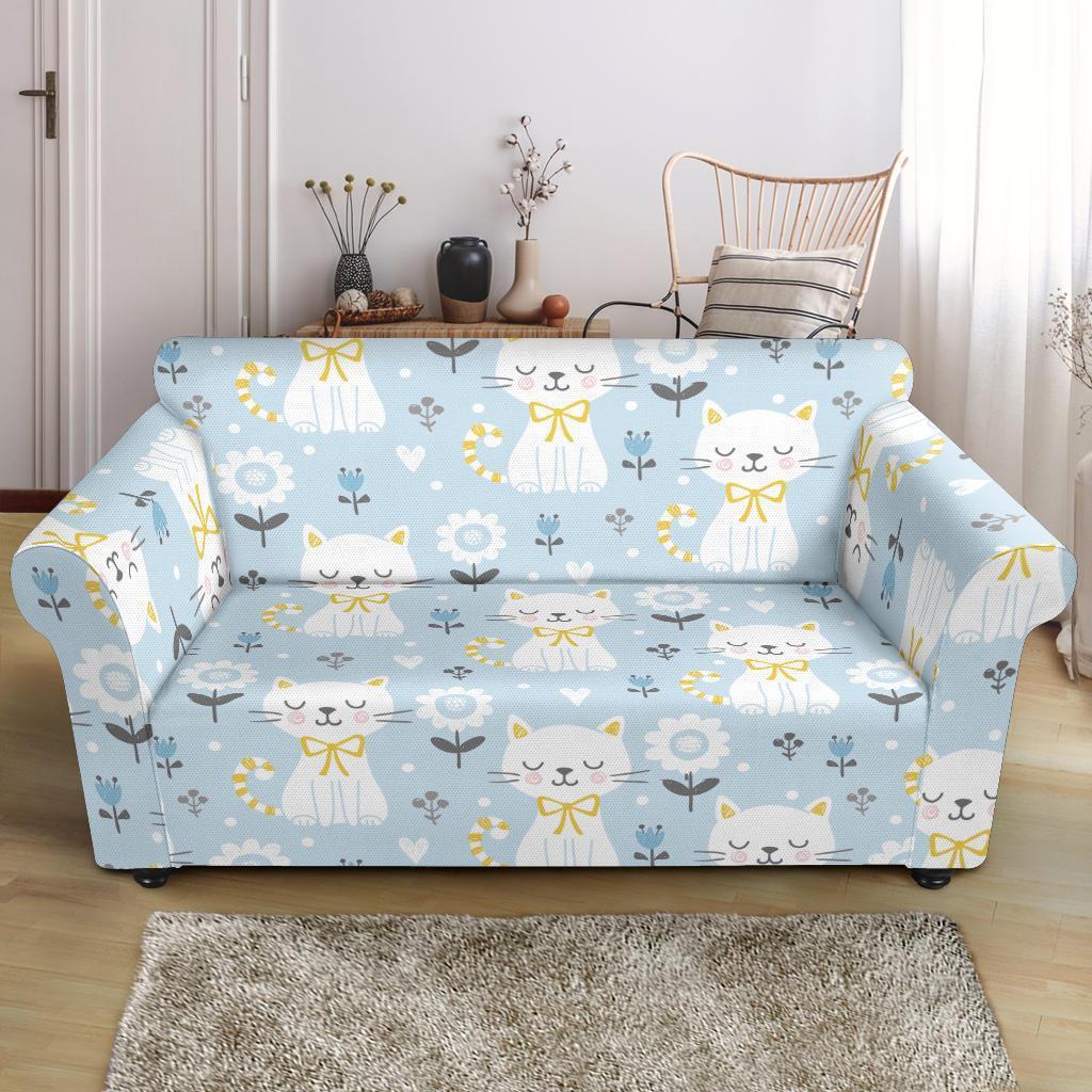 Floral Kitten Cat Pattern Print Loveseat Cover-grizzshop