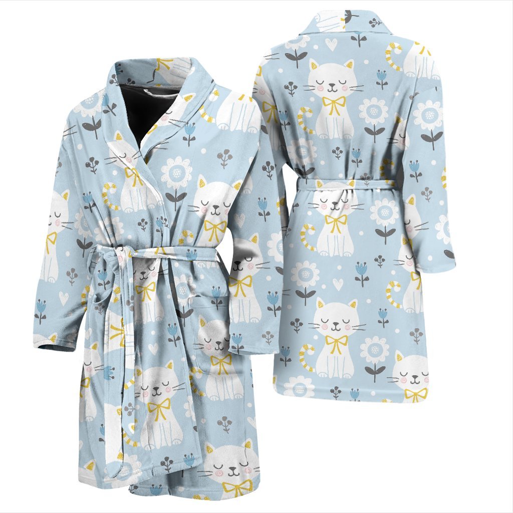 Floral Kitten Cat Pattern Print Men Long Robe-grizzshop