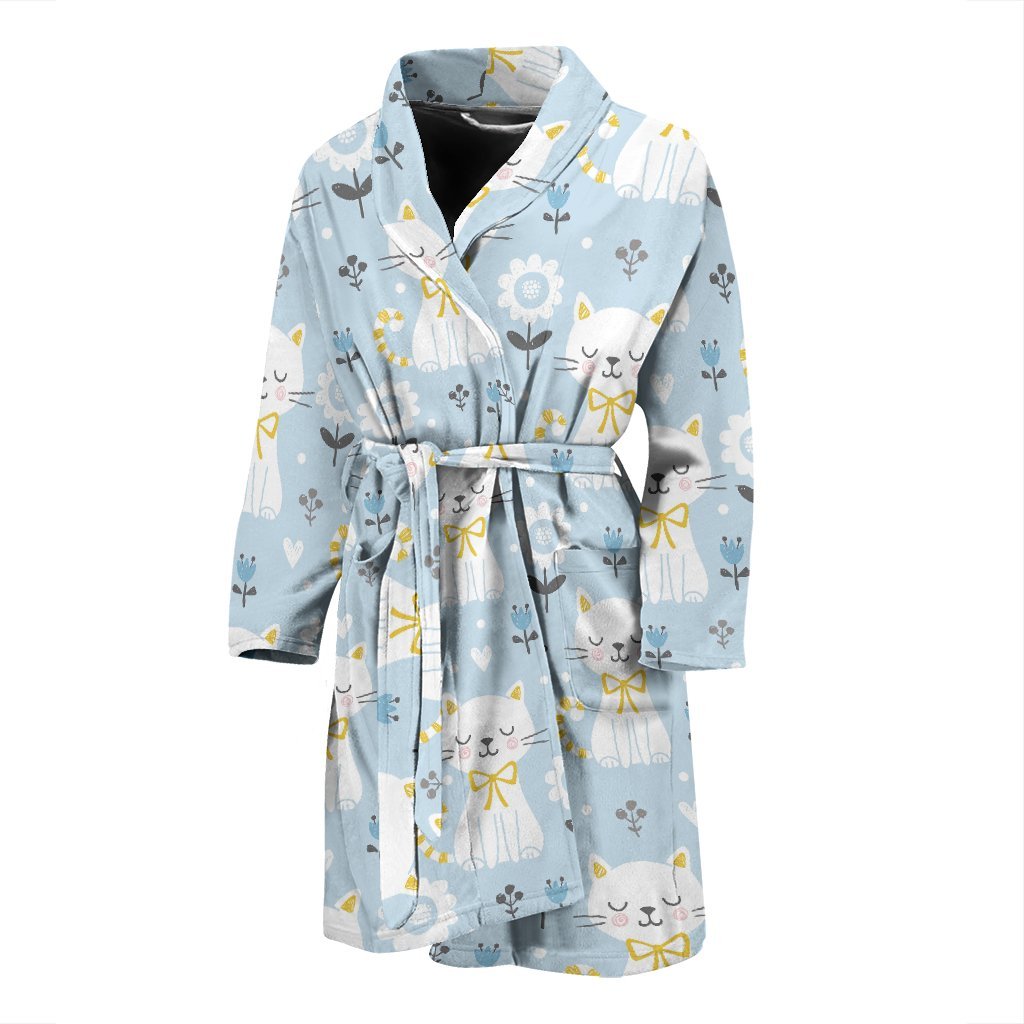 Floral Kitten Cat Pattern Print Men Long Robe-grizzshop