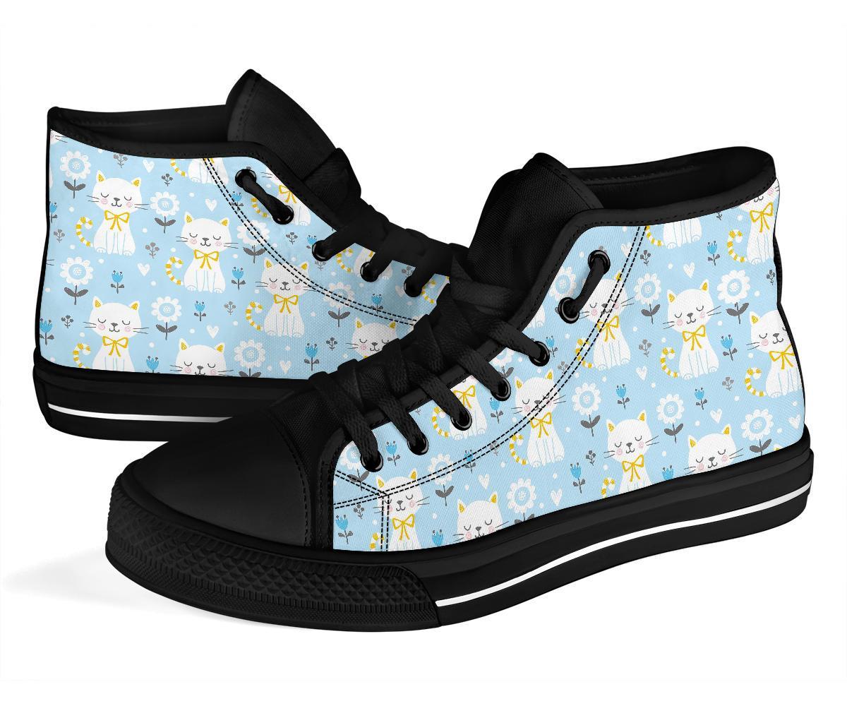 Floral Kitten Cat Pattern Print Men Women's High Top Shoes-grizzshop