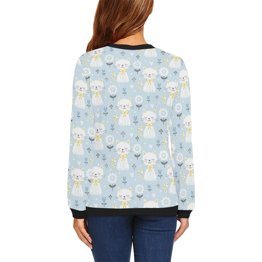 Floral Kitten Cat Pattern Print Women Crewneck Sweatshirt-grizzshop