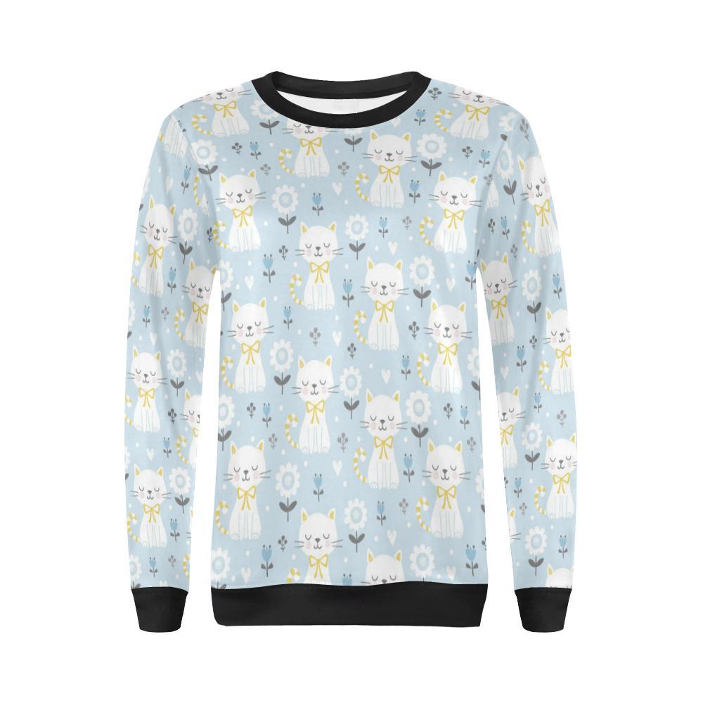 Floral Kitten Cat Pattern Print Women Crewneck Sweatshirt-grizzshop