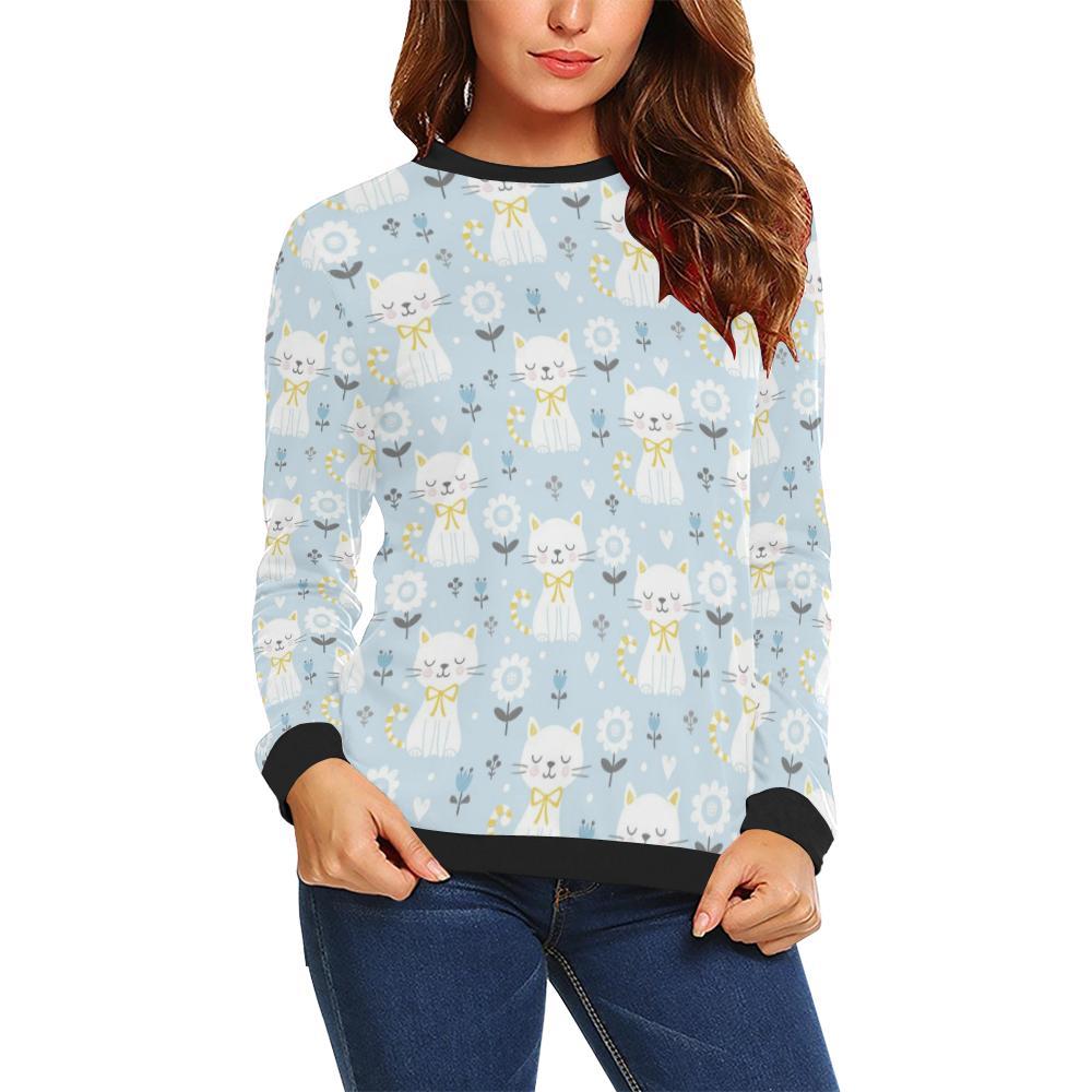 Floral Kitten Cat Pattern Print Women Crewneck Sweatshirt-grizzshop