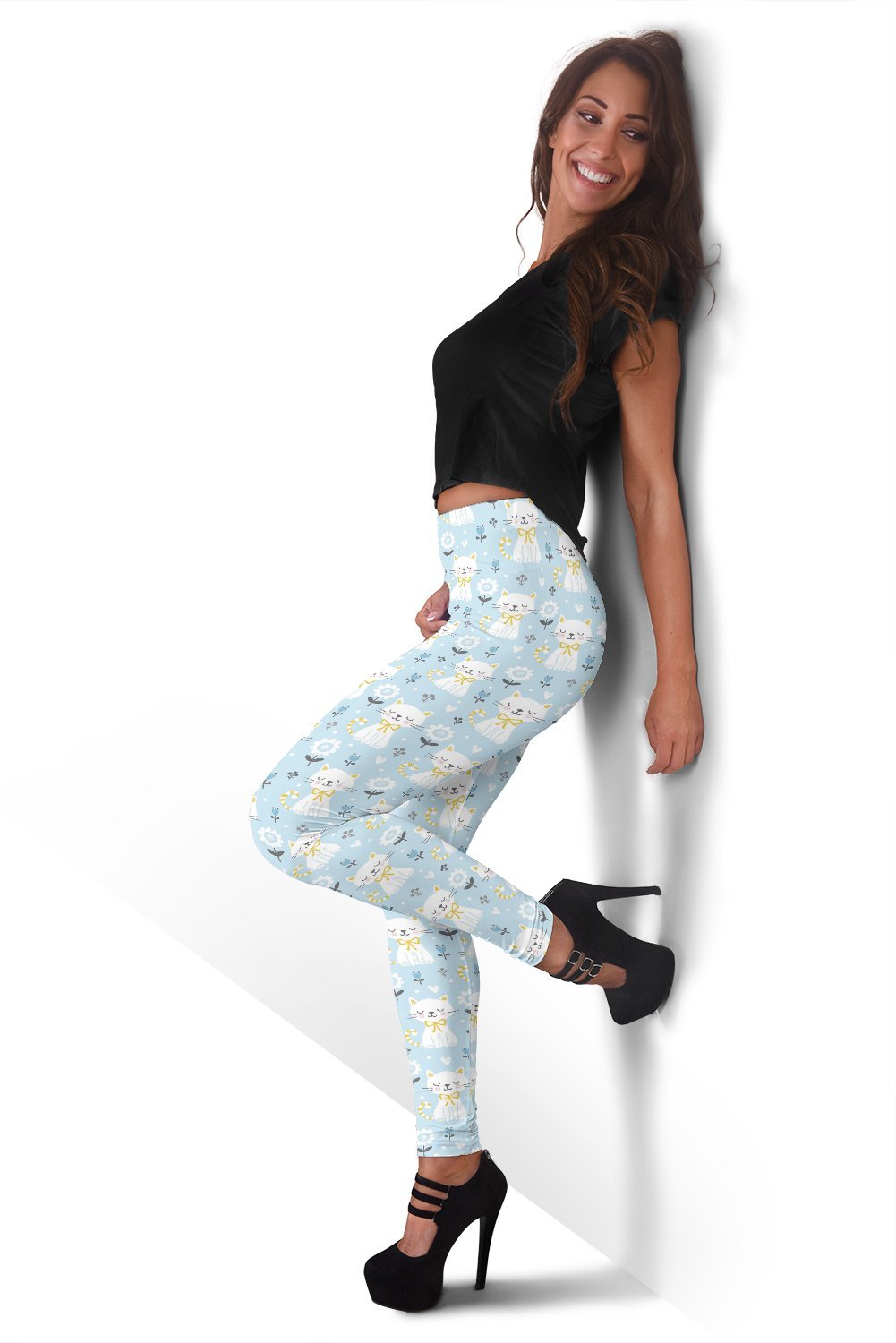 Floral Kitten Cat Pattern Print Women Leggings-grizzshop