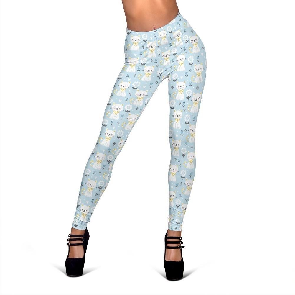 Floral Kitten Cat Pattern Print Women Leggings-grizzshop