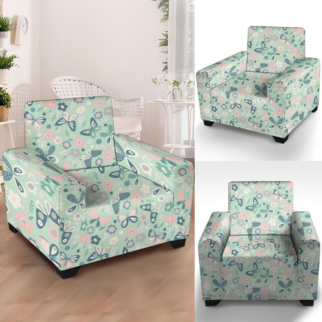 Floral Mint Butterfly Print Armchair Cover-grizzshop