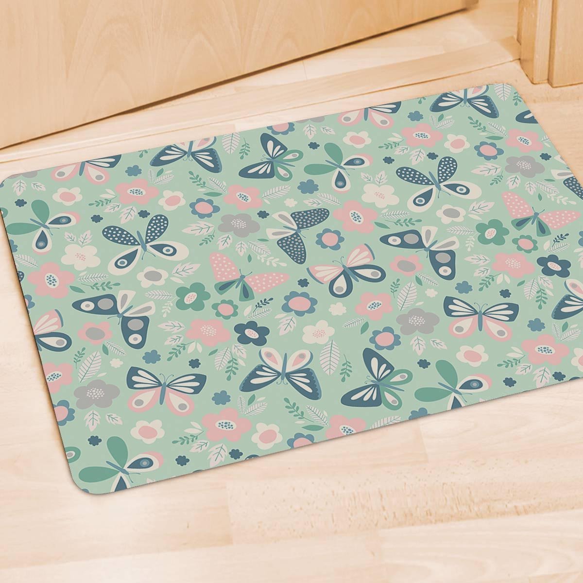 Floral Mint Butterfly Print Door Mat-grizzshop