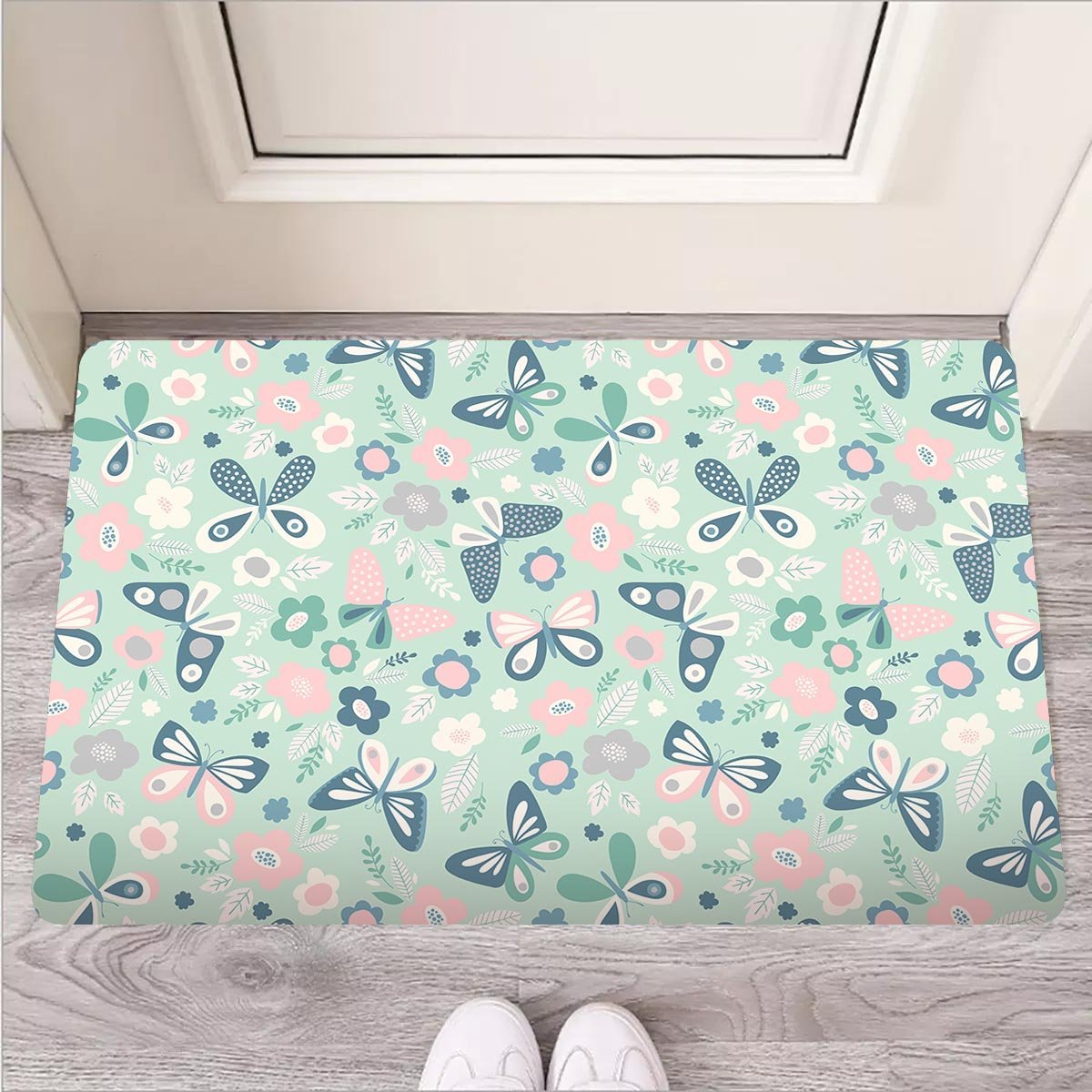 Floral Mint Butterfly Print Door Mat-grizzshop