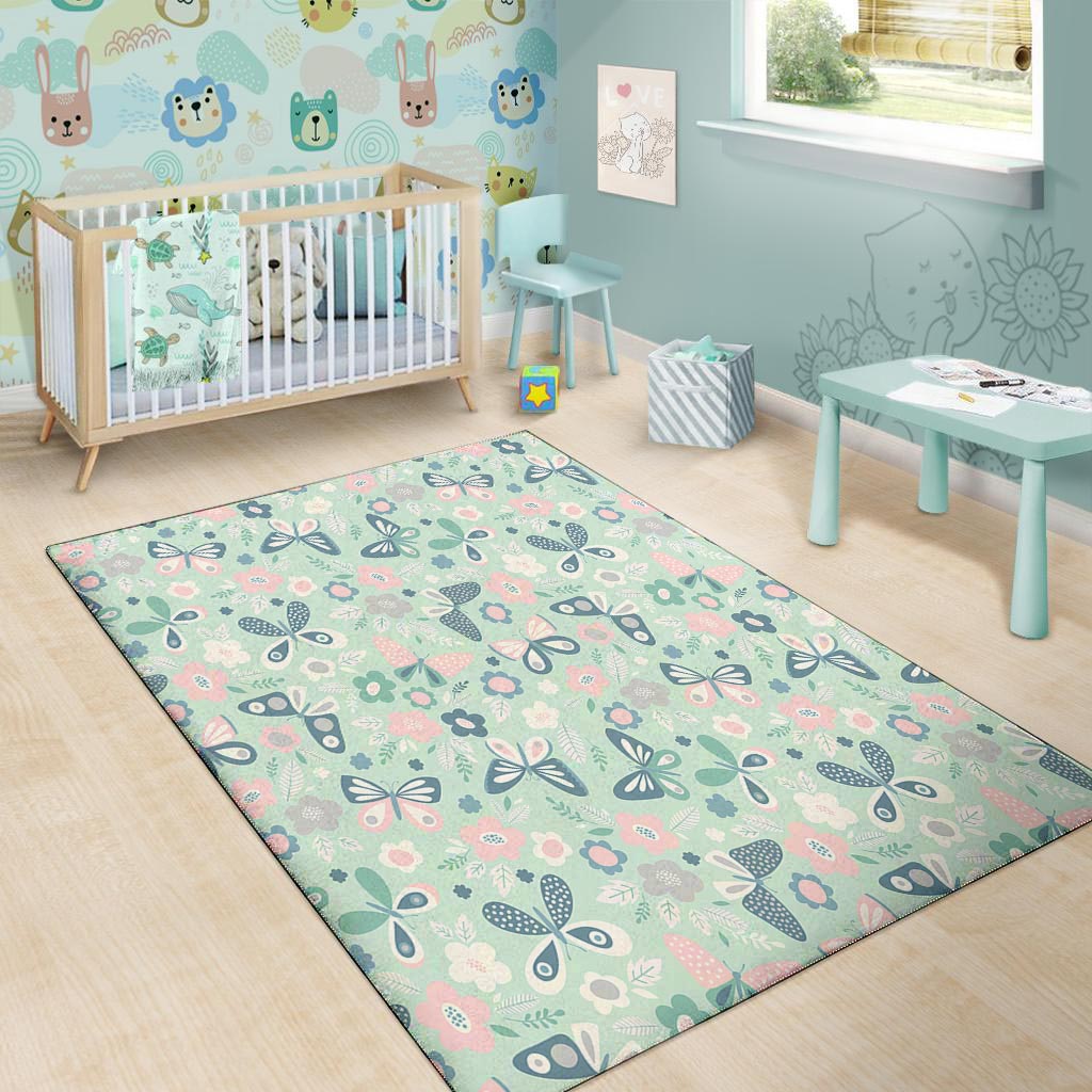 Floral Mint Butterfly Print Floor Mat-grizzshop