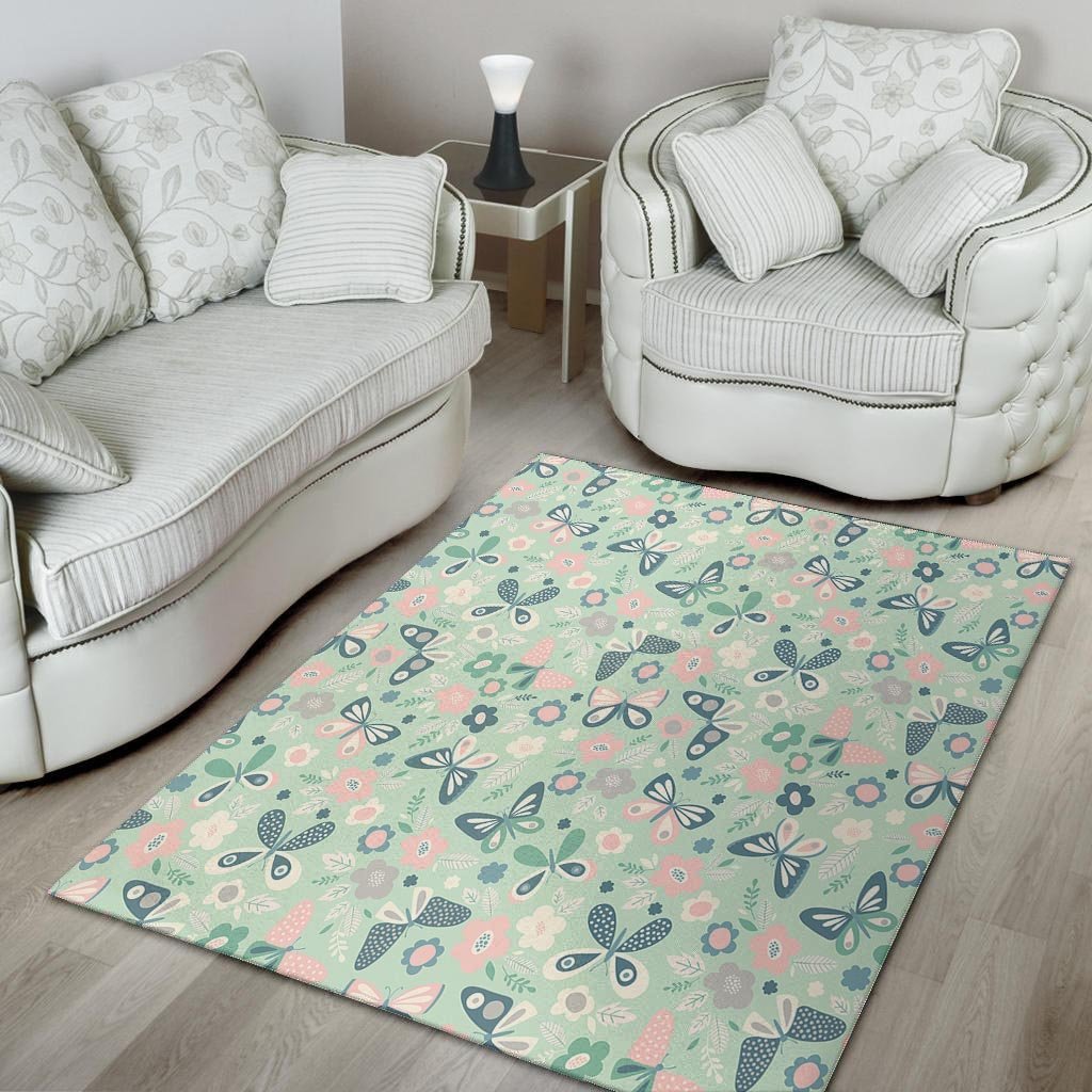 Floral Mint Butterfly Print Floor Mat-grizzshop