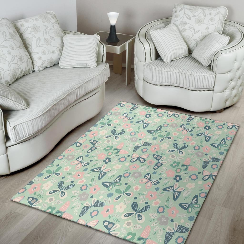 Floral Mint Butterfly Print Floor Mat-grizzshop