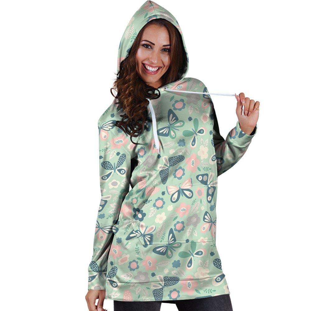 Floral Mint Butterfly Print Hoodie Dress-grizzshop