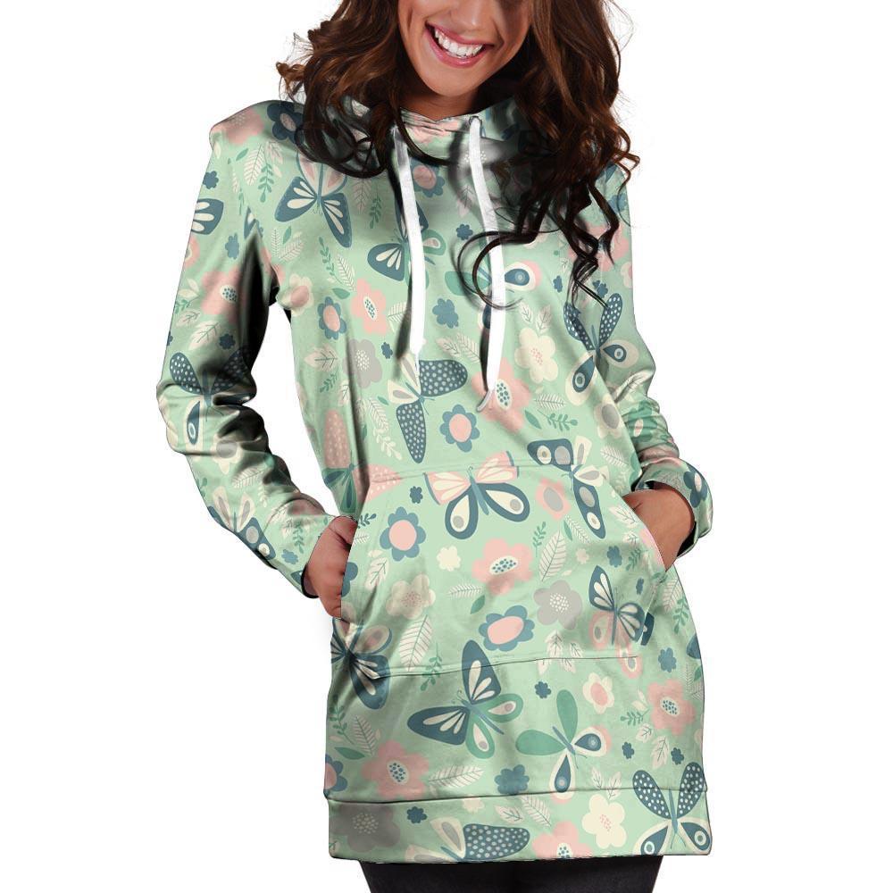 Floral Mint Butterfly Print Hoodie Dress-grizzshop