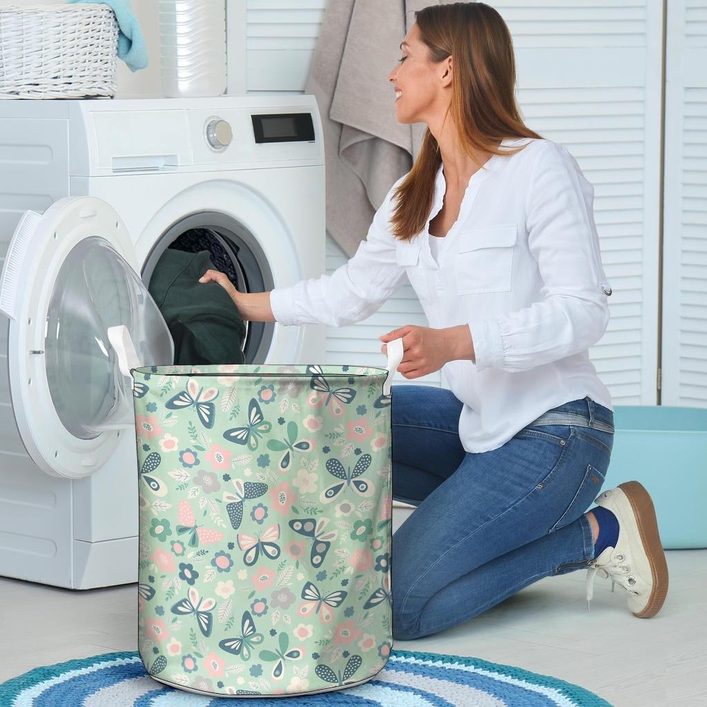 Floral Mint Butterfly Print Laundry Basket-grizzshop