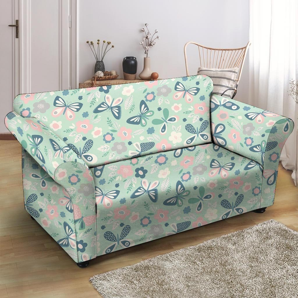 Floral Mint Butterfly Print Loveseat Cover-grizzshop