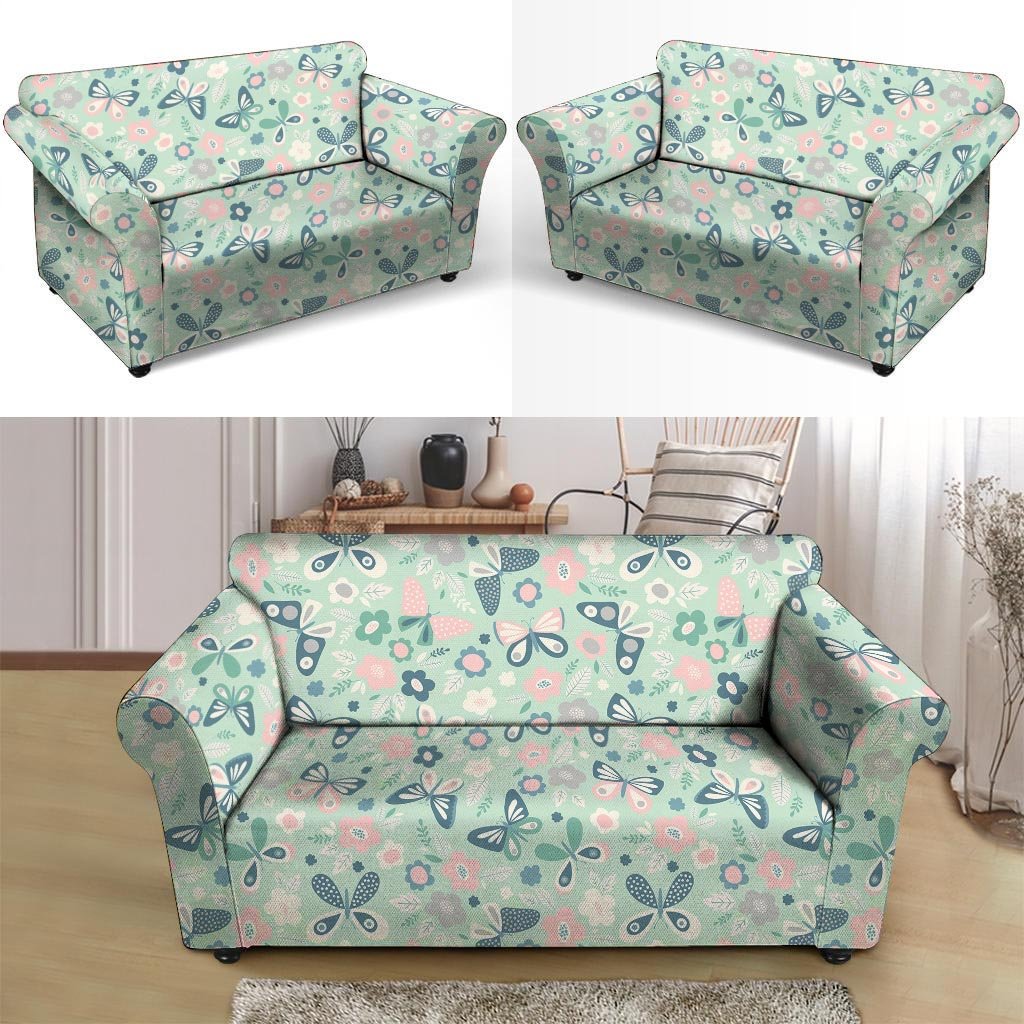 Floral Mint Butterfly Print Loveseat Cover-grizzshop