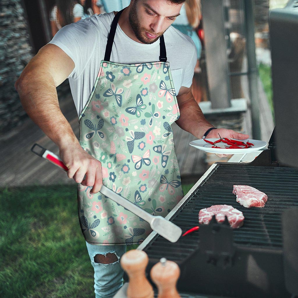 Floral Mint Butterfly Print Men's Apron-grizzshop