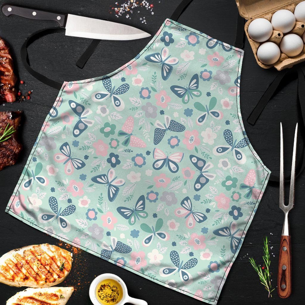 Floral Mint Butterfly Print Men's Apron-grizzshop