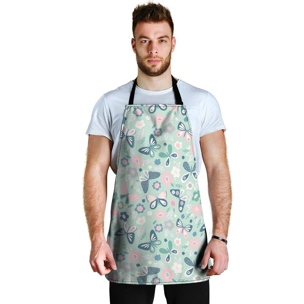 Floral Mint Butterfly Print Men's Apron-grizzshop