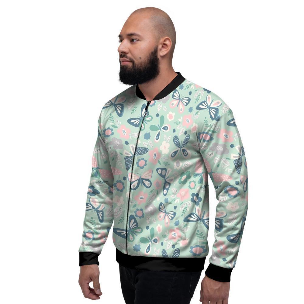 Floral Mint Butterfly Print Men's Bomber Jacket-grizzshop