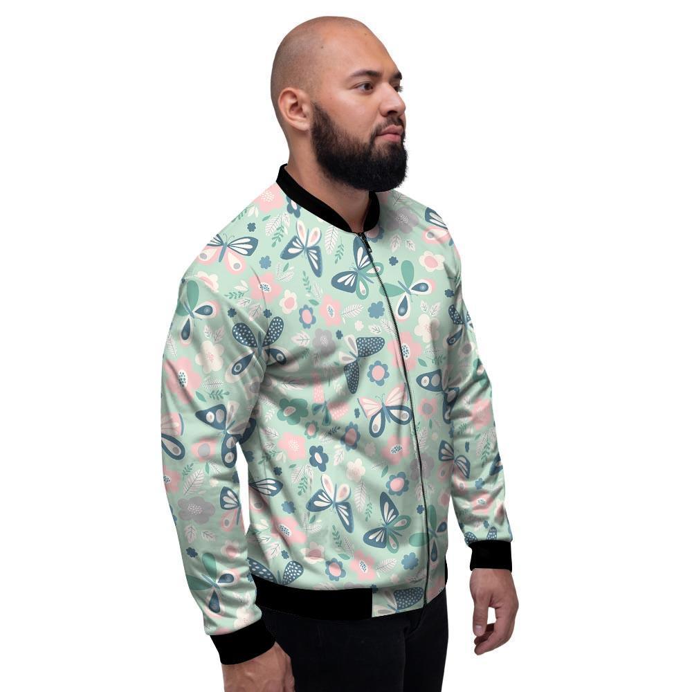 Floral Mint Butterfly Print Men's Bomber Jacket-grizzshop