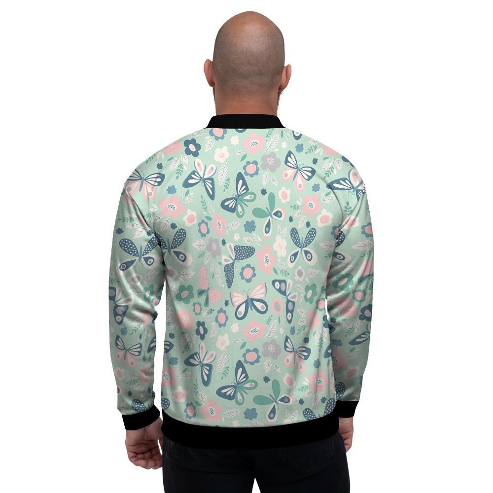 Floral Mint Butterfly Print Men's Bomber Jacket-grizzshop