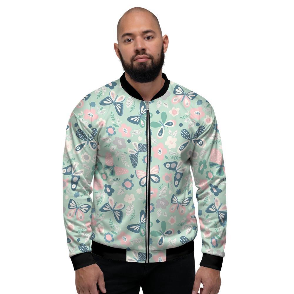 Floral Mint Butterfly Print Men's Bomber Jacket-grizzshop