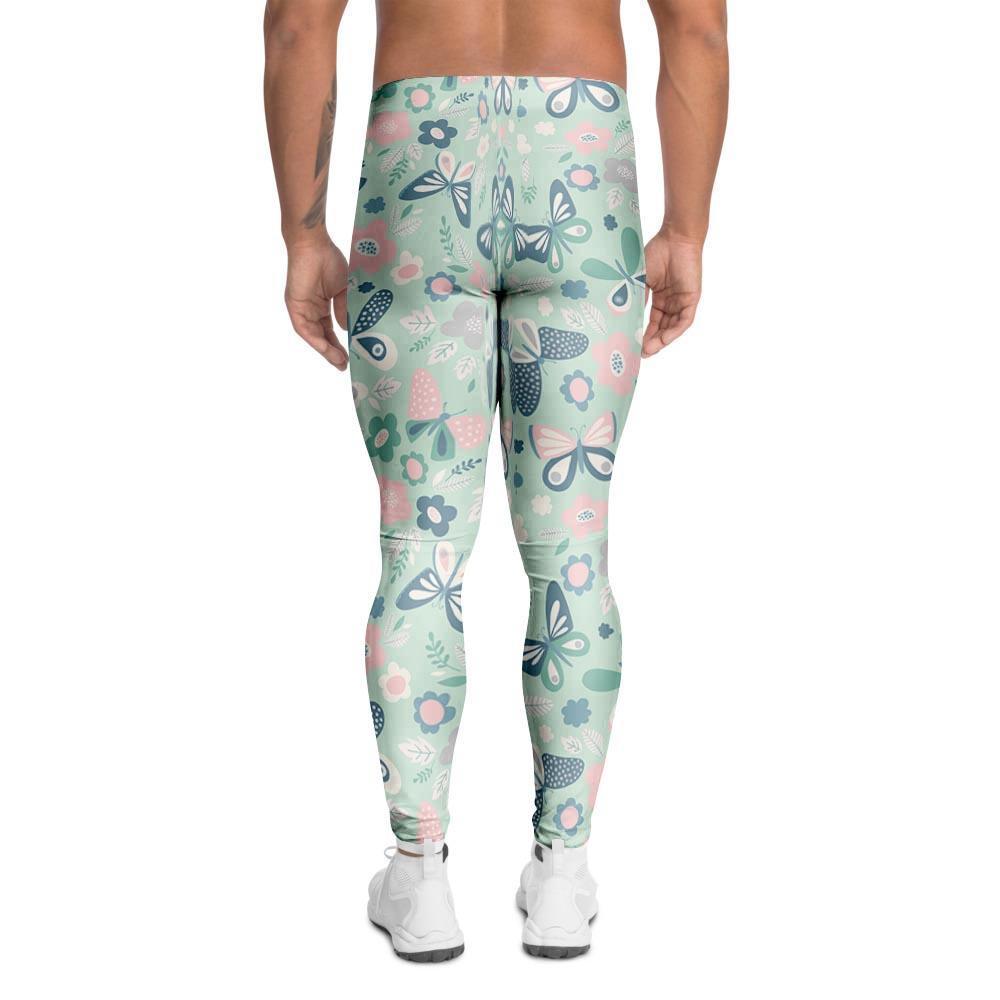 Floral Mint Butterfly Print Men's Leggings-grizzshop