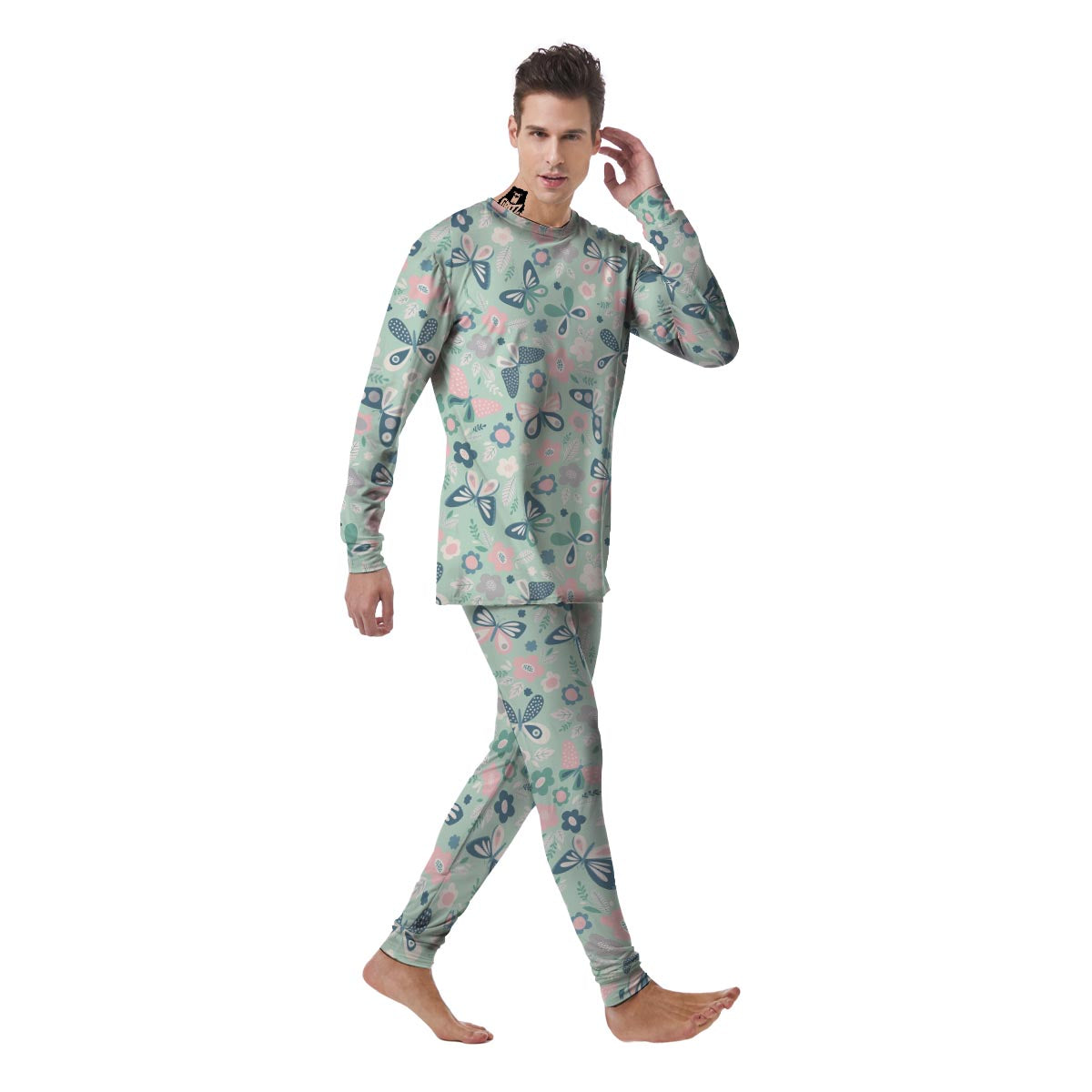 Floral Mint Butterfly Print Men's Pajamas-grizzshop