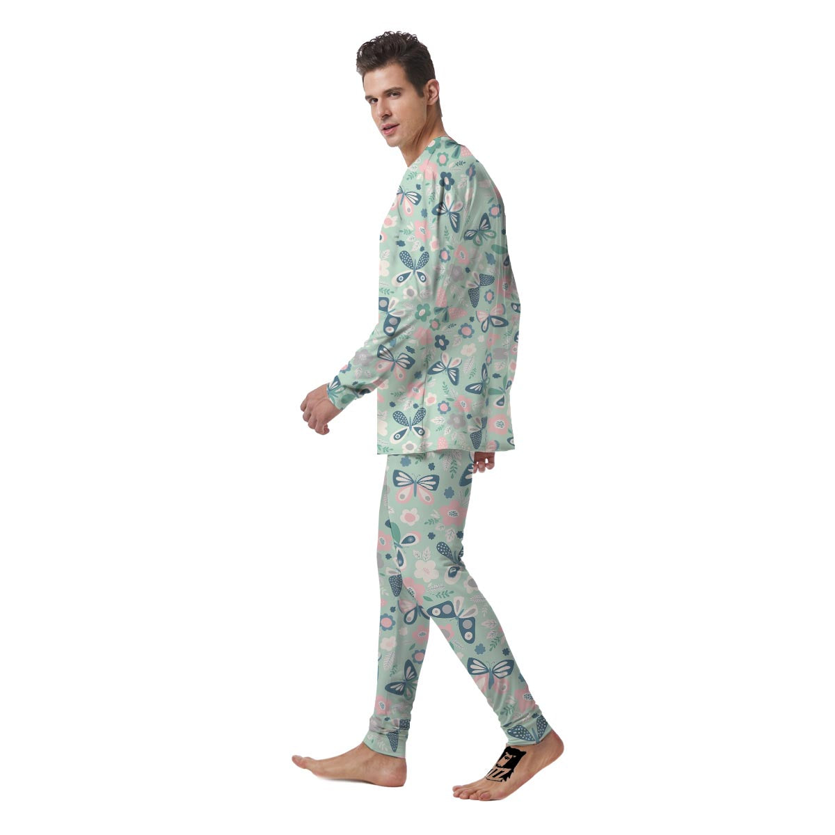 Floral Mint Butterfly Print Men's Pajamas-grizzshop