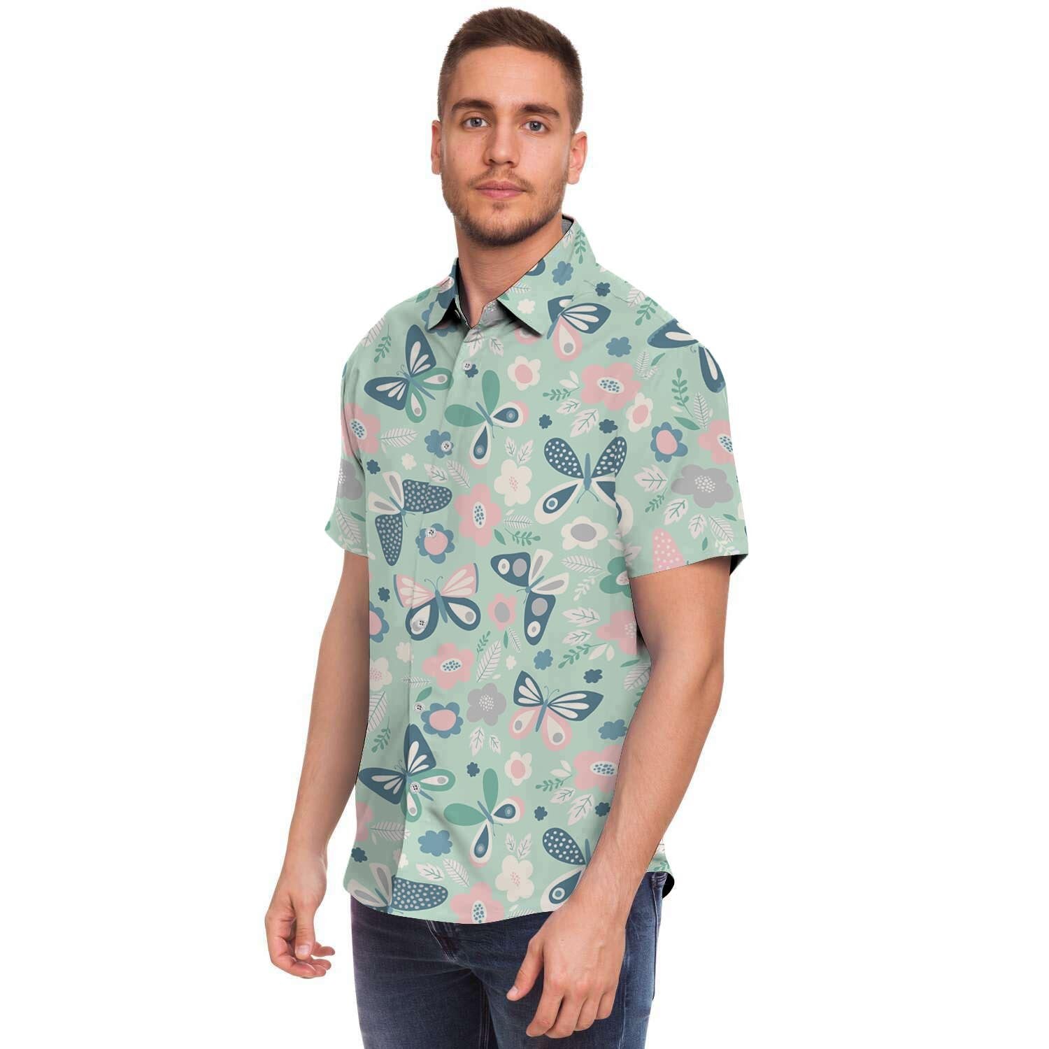 Floral Mint Butterfly Print Men's Short Sleeve Shirt-grizzshop