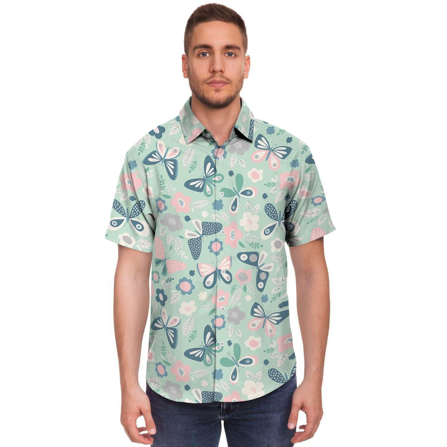 Floral Mint Butterfly Print Men's Short Sleeve Shirt-grizzshop