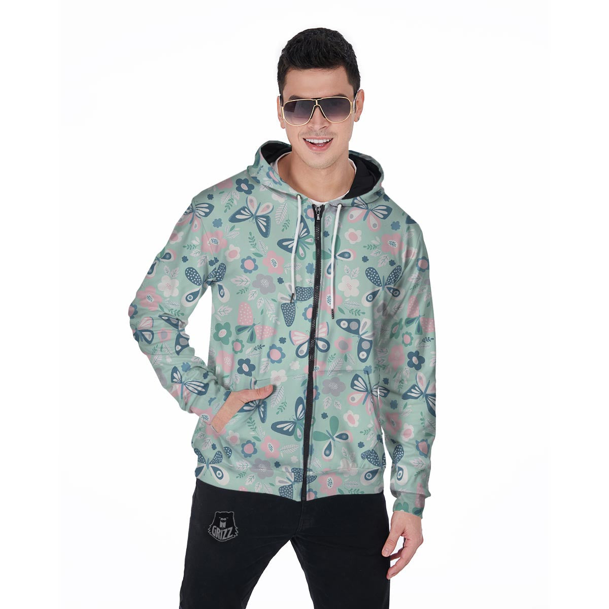 Floral Mint Butterfly Print Men's Zip Up Hoodie-grizzshop